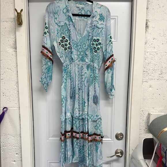 Elegant Blue Patterned Dress Maxi Dress - TAJ - Size Small Beautiful Long Sleeve - Picture 1 of 4